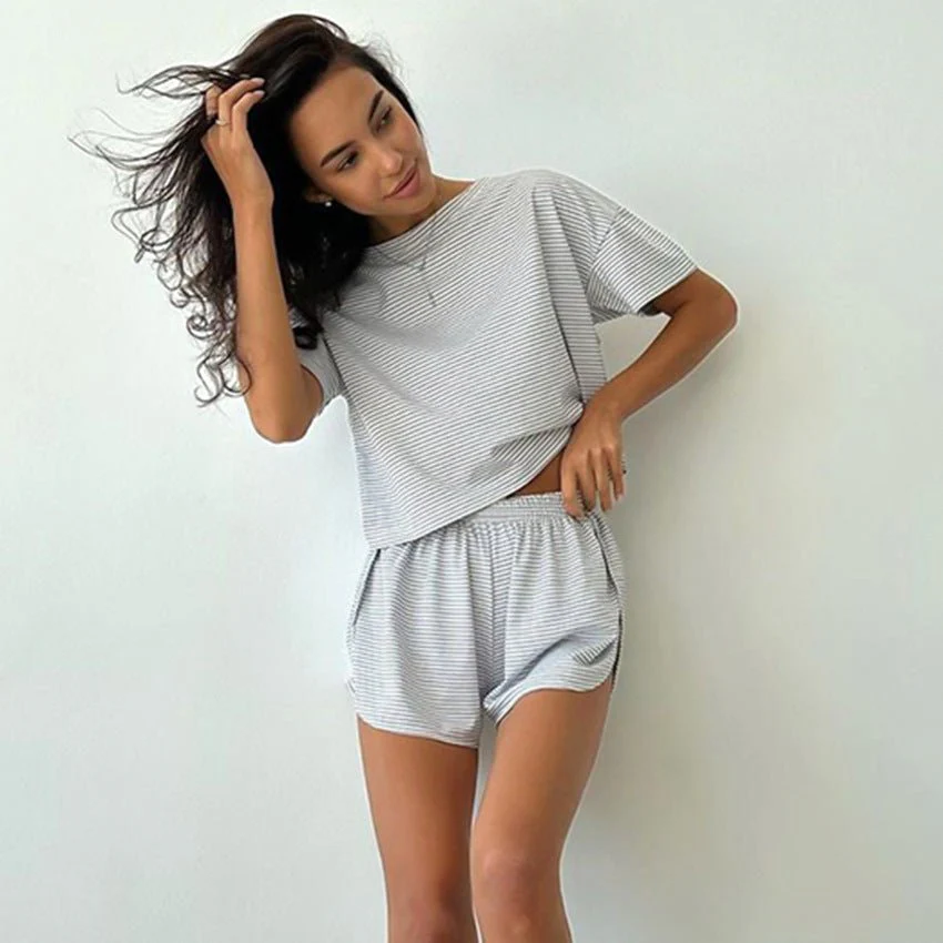 The Cozy Stripe | Knitted Striped Short-Sleeve Shorts Pajama Set - Image 8