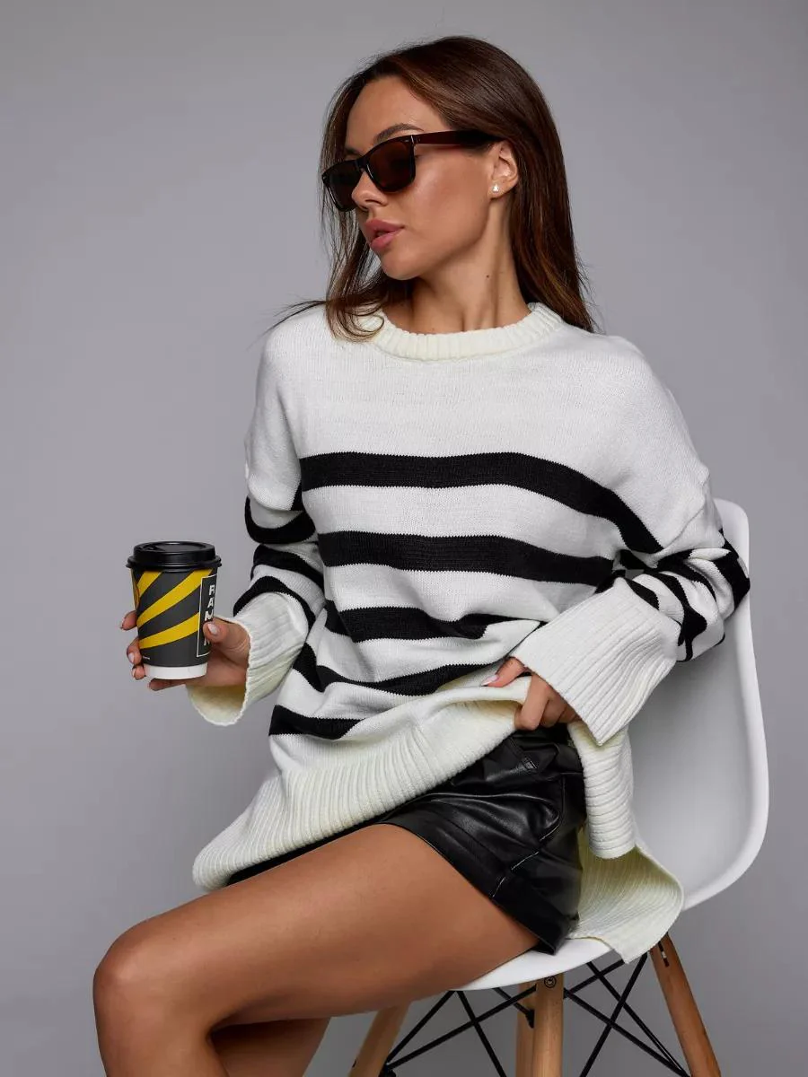 The Cozy Stripe | Women's Loose Round Neck Striped Knit Sweater - Image 3