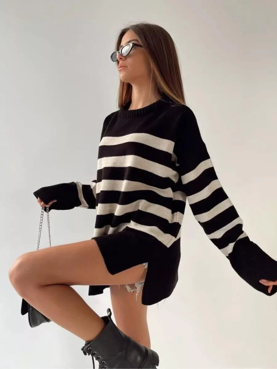 The Cozy Stripe | Women's Loose Round Neck Striped Knit Sweater - Image 7