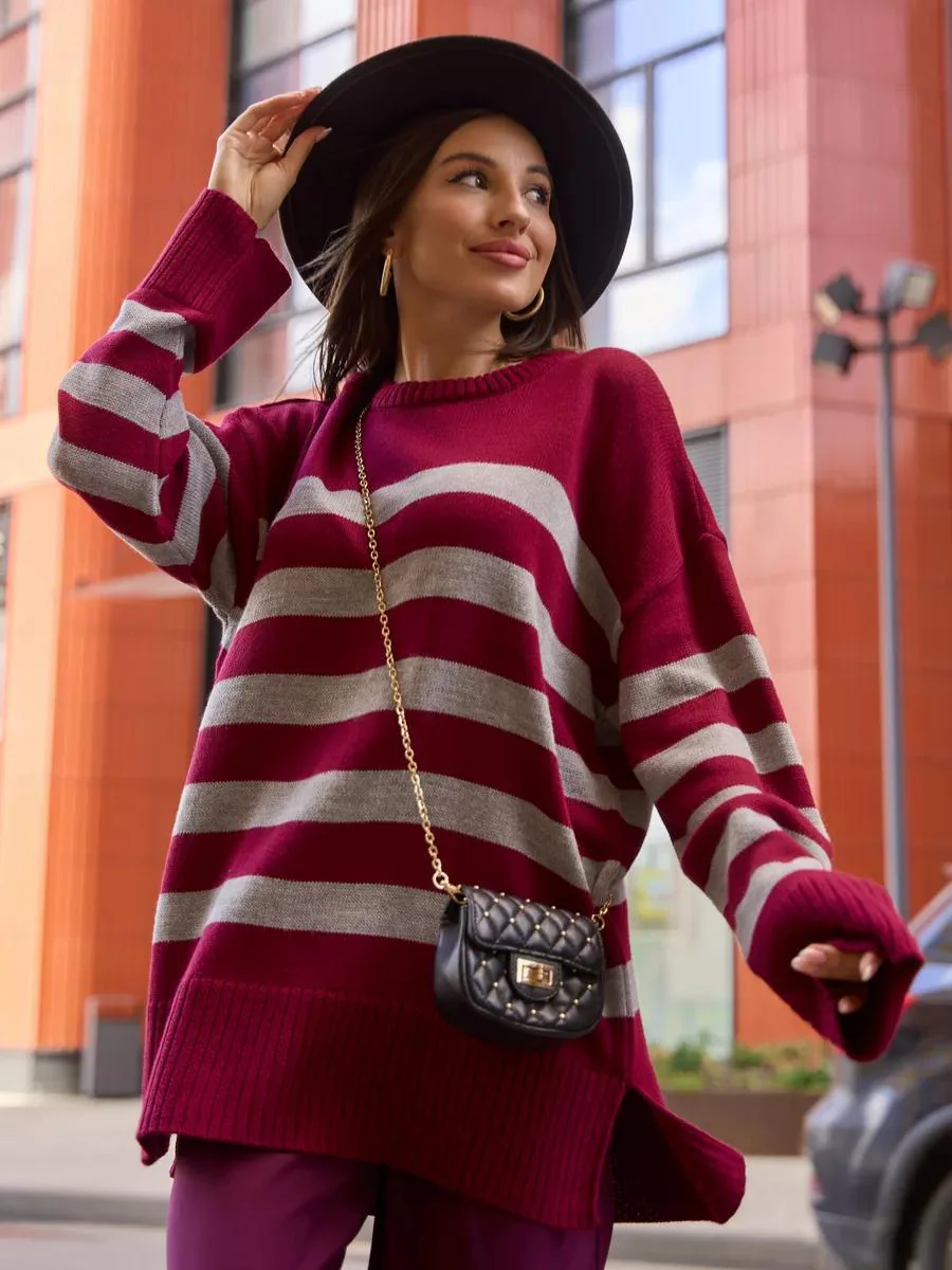 The Cozy Stripe | Women's Loose Round Neck Striped Knit Sweater - Image 8