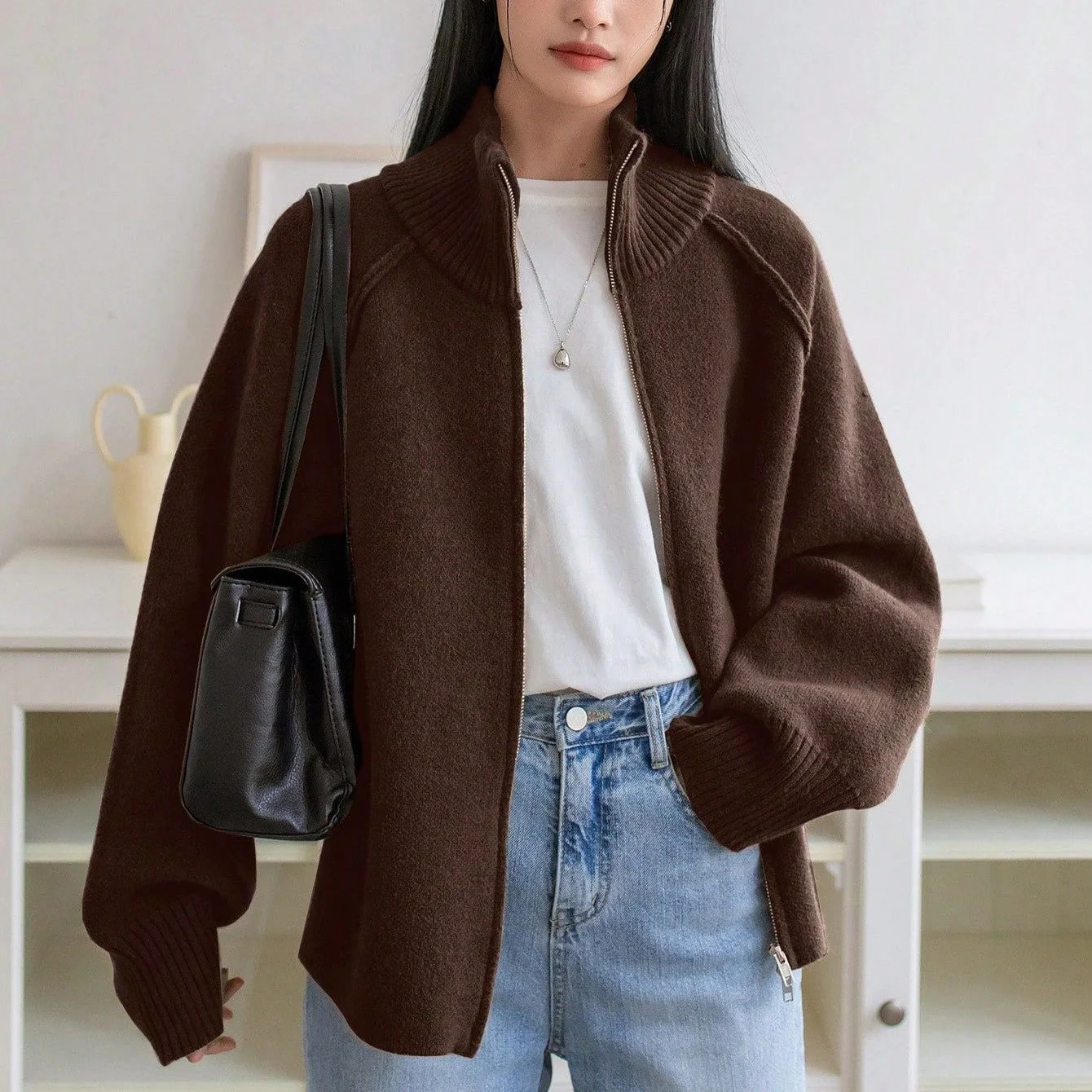 The Cozy Texture | Women's 3D Effect Wool Blend Stand Collar Cardigan - Image 3