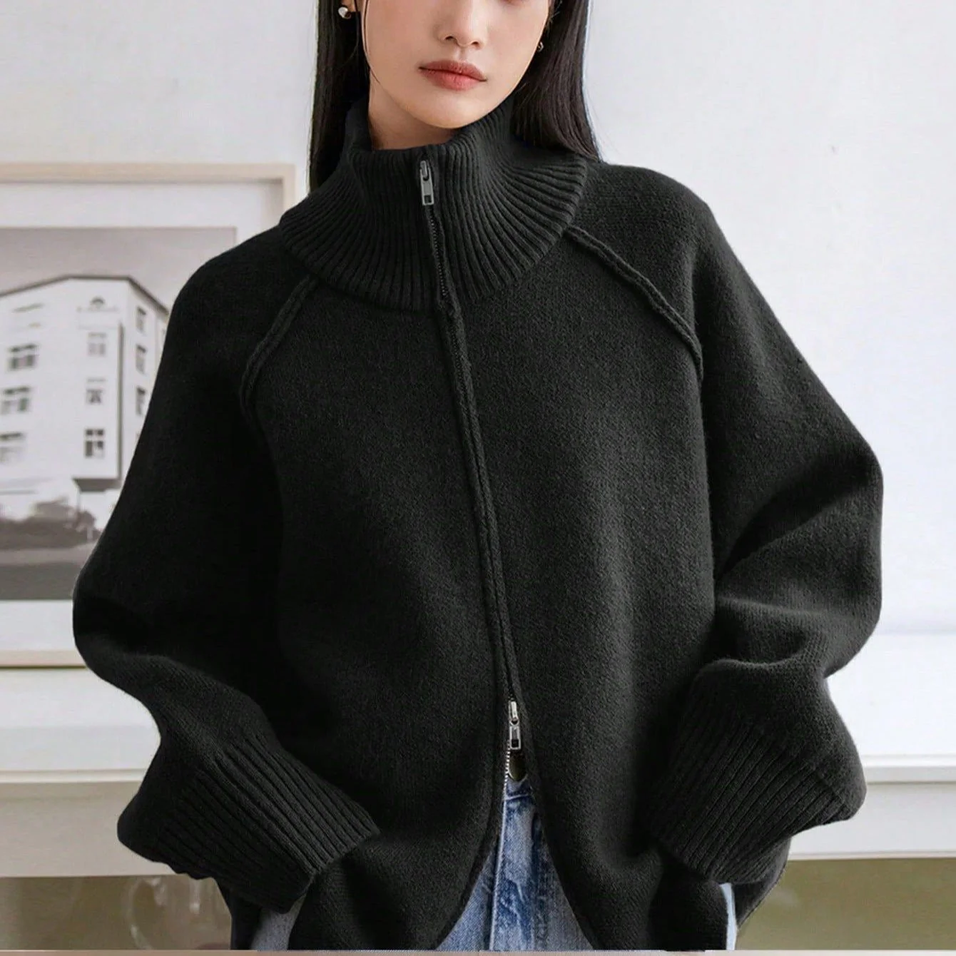 The Cozy Texture | Women's 3D Effect Wool Blend Stand Collar Cardigan - Image 4