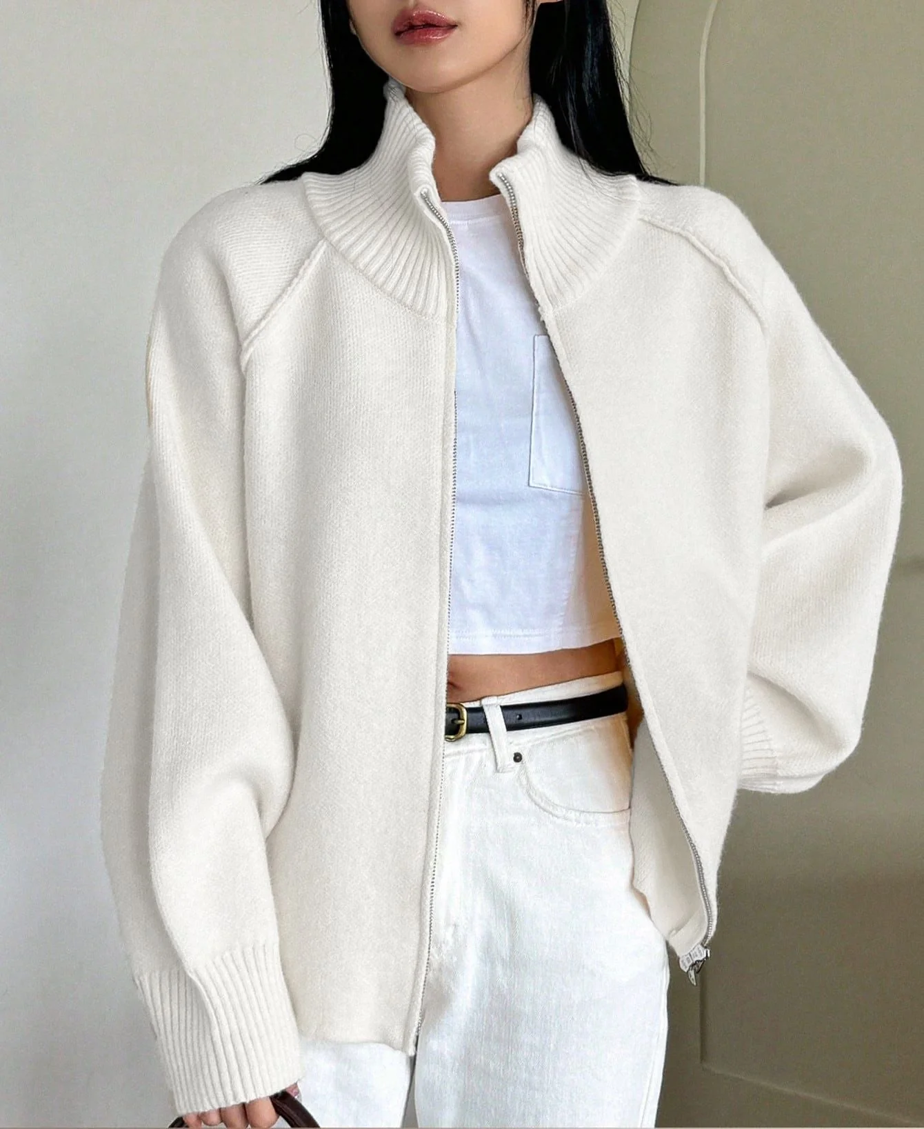 The Cozy Texture | Women's 3D Effect Wool Blend Stand Collar Cardigan - Image 7