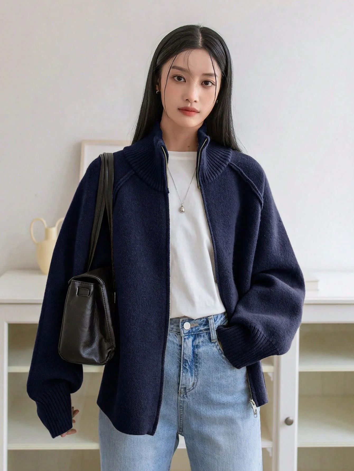 The Cozy Texture | Women's 3D Effect Wool Blend Stand Collar Cardigan - Image 8
