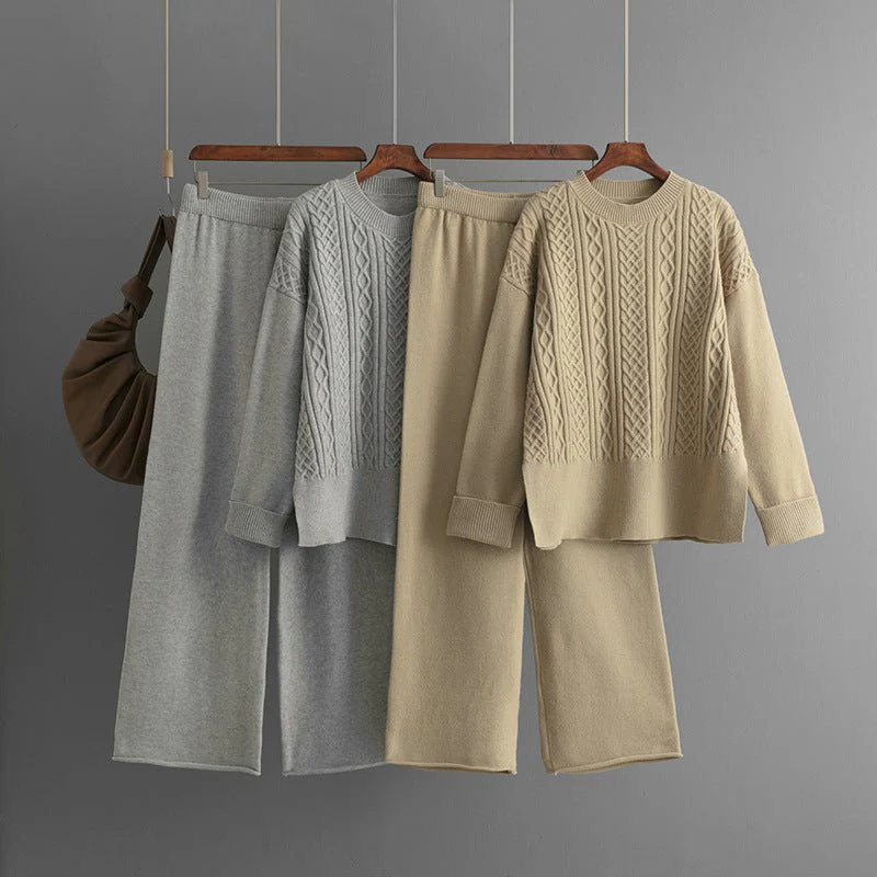 The Cozy Twist | Solid Color Twist Knit Sweater & Wide-Leg Pants Set FD