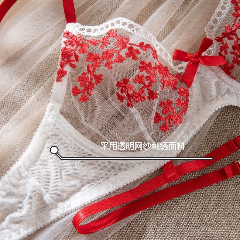 The Crimson Elegance | Transparent Embroidered Bow Bra Set - Image 7