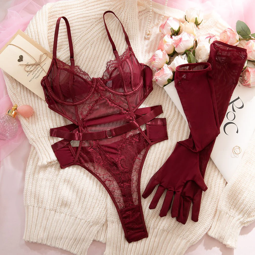 The Crimson Queen | Wine Red Lace Bodysuit & Gloves Set - Image 6