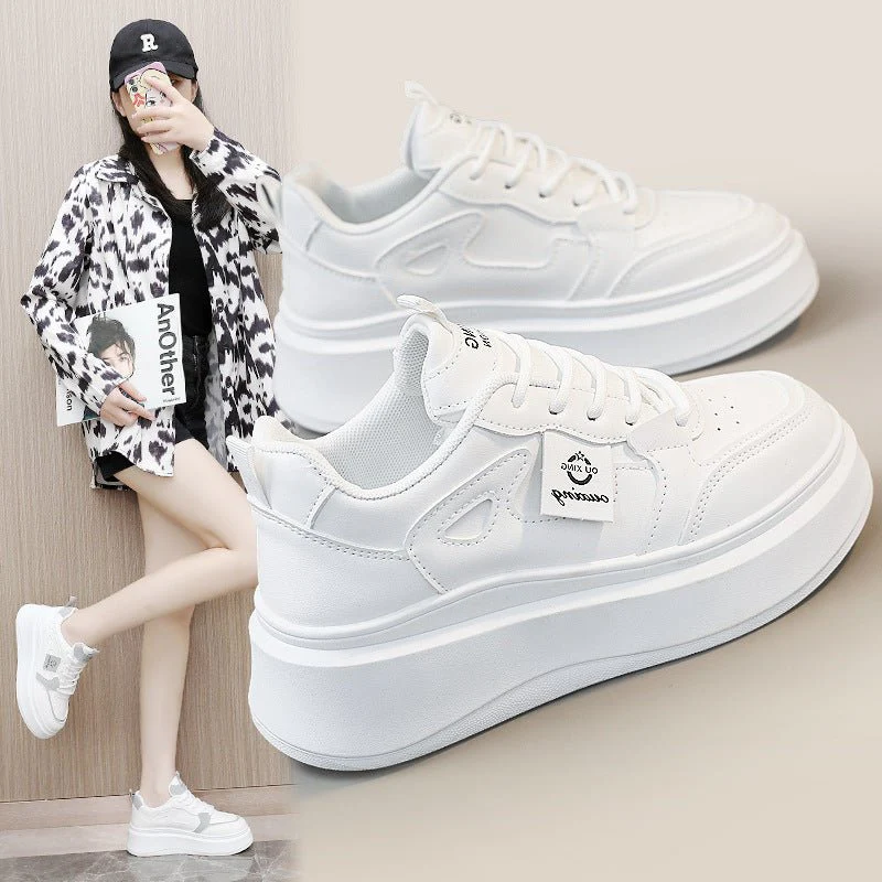 The Crisp Elevation | Women's Casual White Thick-Bottom Sneakers FD