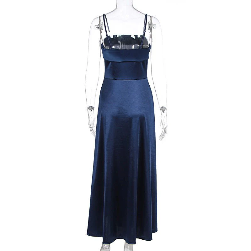 The Deep Allure | Solid Dark Blue Suspender Backless Maxi Dress - Image 15