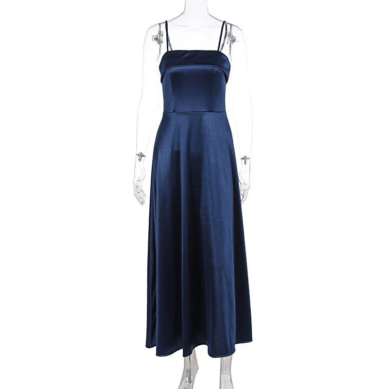 The Deep Allure | Solid Dark Blue Suspender Backless Maxi Dress - Image 2
