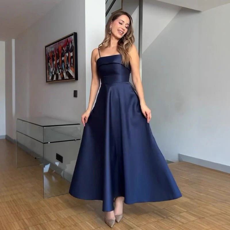 The Deep Allure | Solid Dark Blue Suspender Backless Maxi Dress - Image 4