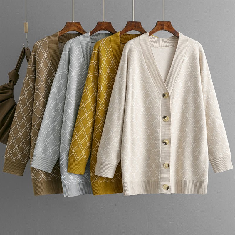 The Diamond Grace | Women's V-Neck Diamond Pattern Knit Cardigan FD
