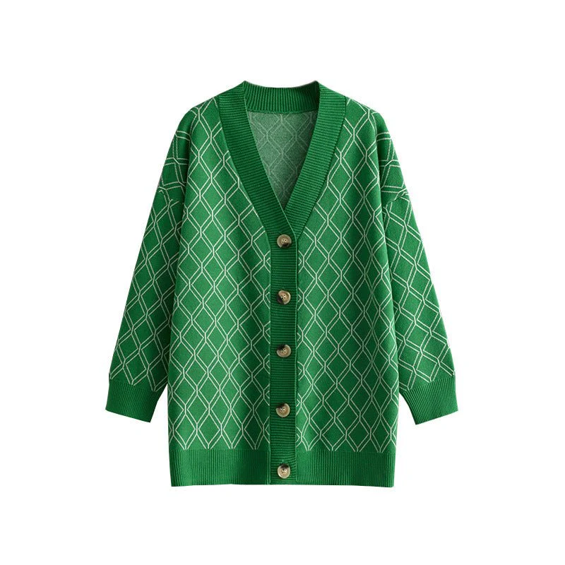 The Diamond Grace | Women's V-Neck Diamond Pattern Knit Cardigan FD - Image 13