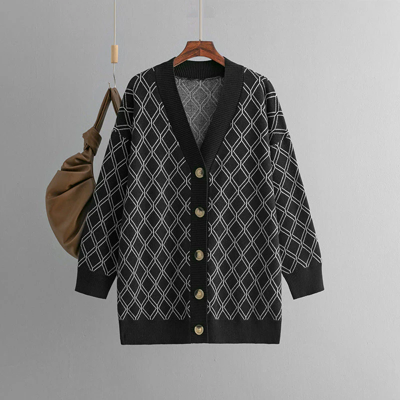 The Diamond Grace | Women's V-Neck Diamond Pattern Knit Cardigan FD - Image 2