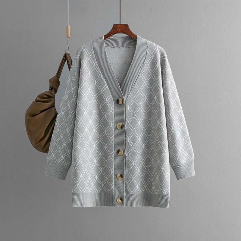 The Diamond Grace | Women's V-Neck Diamond Pattern Knit Cardigan FD - Image 3