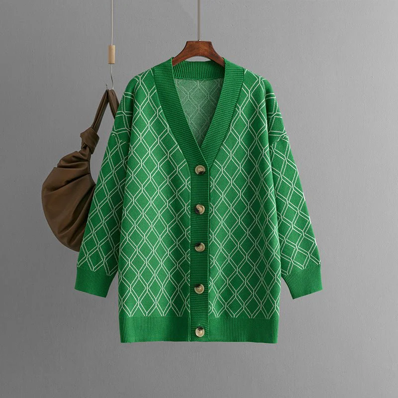 The Diamond Grace | Women's V-Neck Diamond Pattern Knit Cardigan FD - Image 9