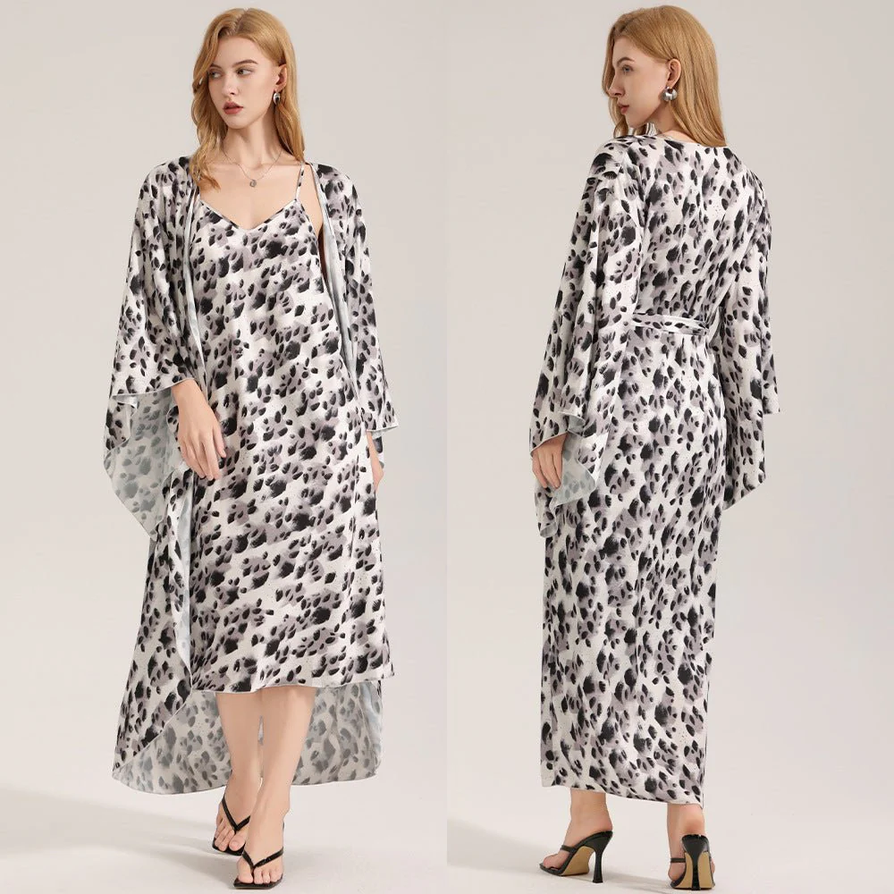 The Dot Elegance | Women's Printed Satin Suspender Chemise & Long Robe Two-Piece Set - Image 5