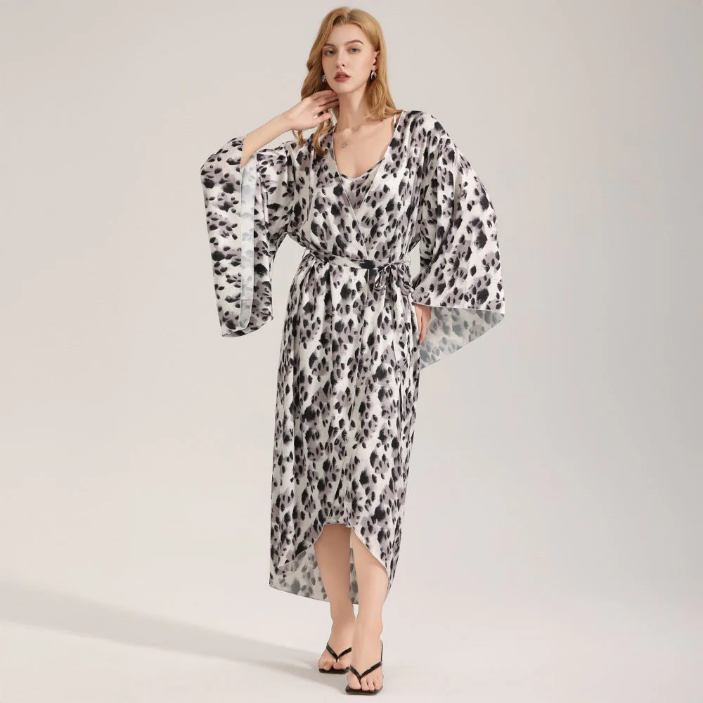 The Dot Elegance | Women's Printed Satin Suspender Chemise & Long Robe Two-Piece Set - Image 6