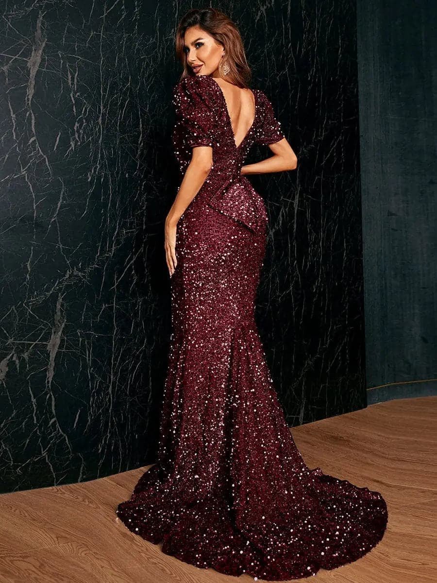 The Dusty Glow | Puff Sleeve V-Back Sequin Maxi Formal Gown FD - Image 23