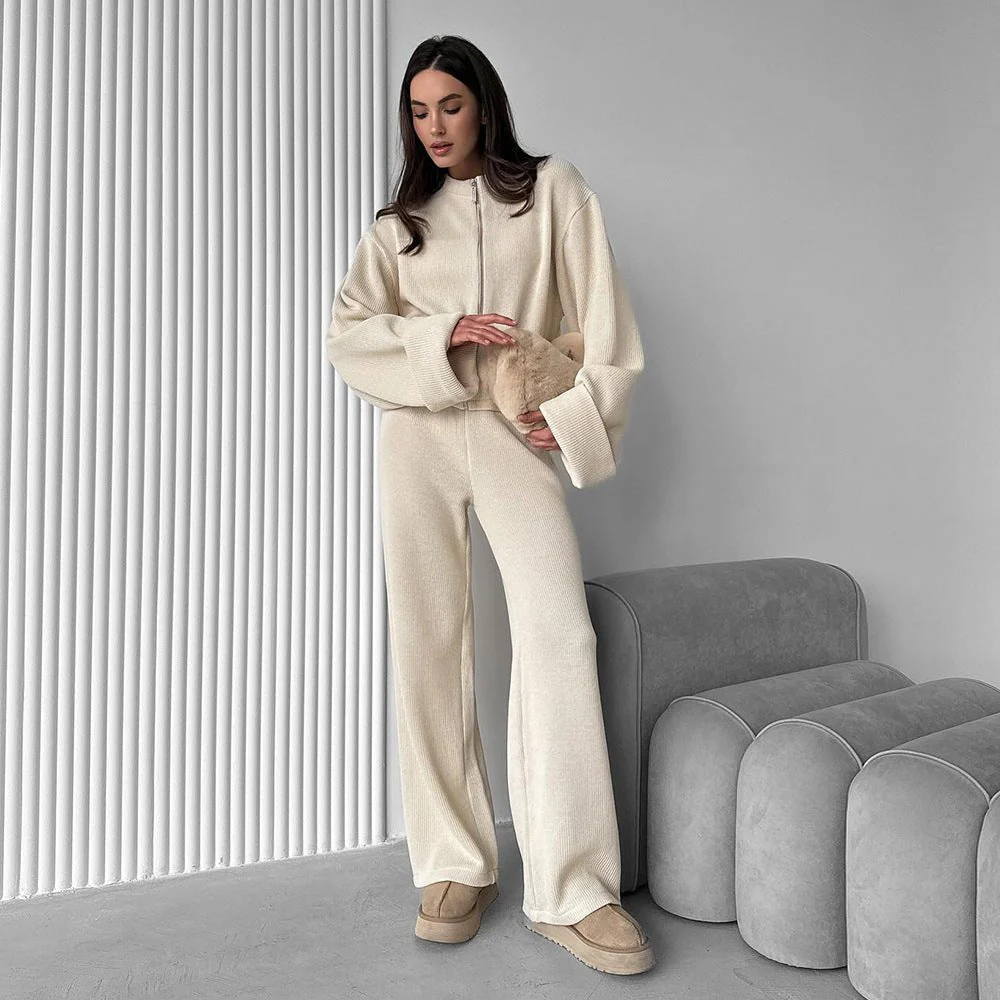 The Effortless Cozy | Solid Color Long-Sleeve Knit Top & Wide-Leg Pants Set