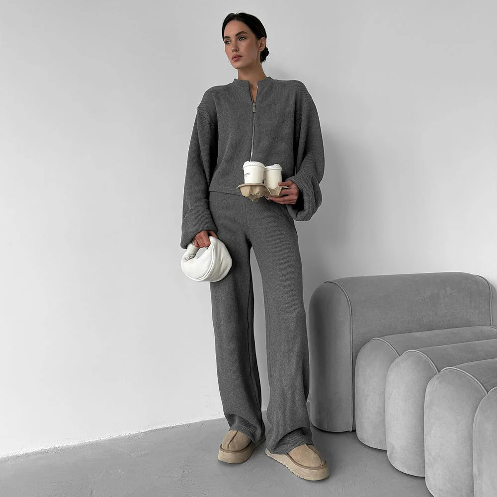 The Effortless Cozy | Solid Color Long-Sleeve Knit Top & Wide-Leg Pants Set - Image 2