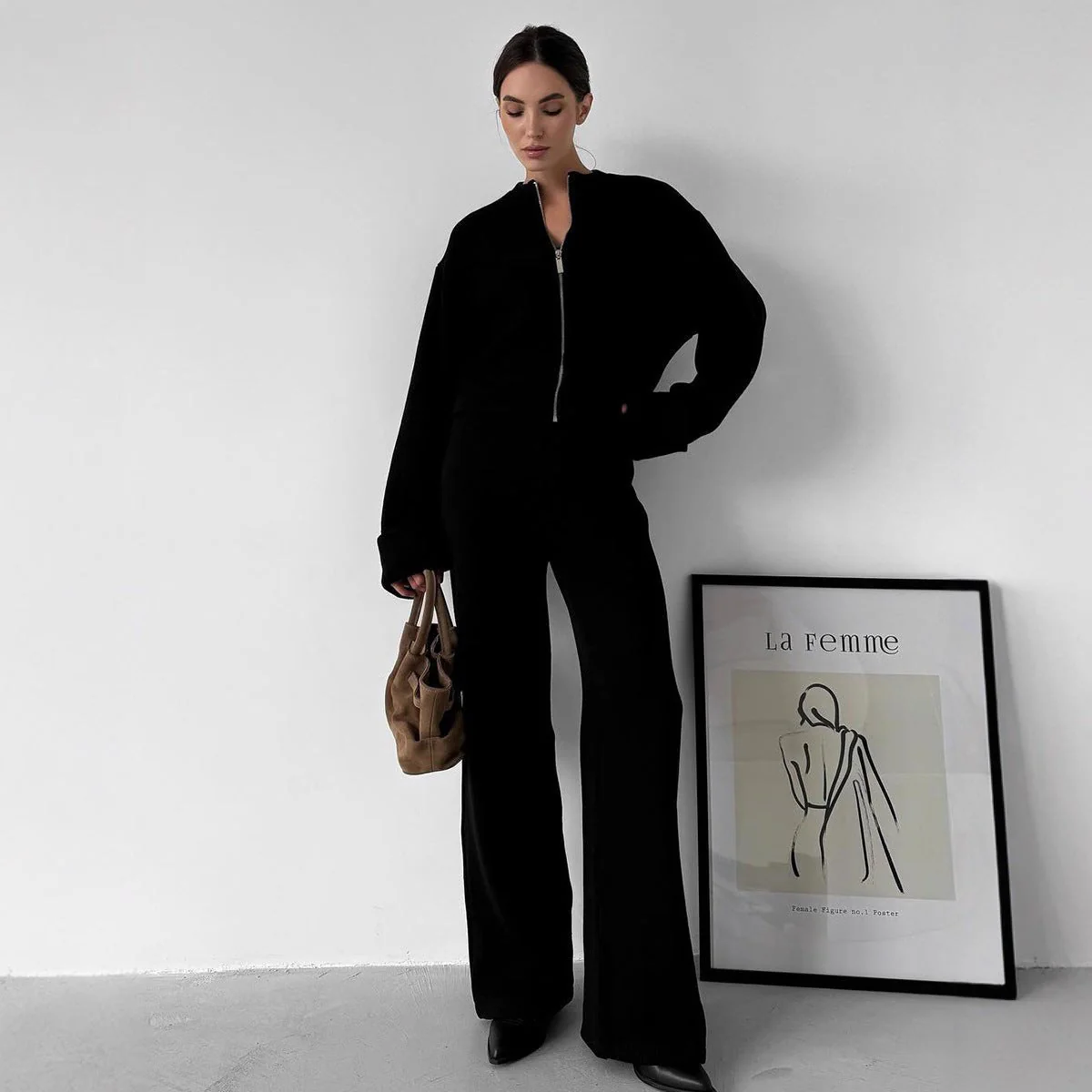 The Effortless Cozy | Solid Color Long-Sleeve Knit Top & Wide-Leg Pants Set - Image 4