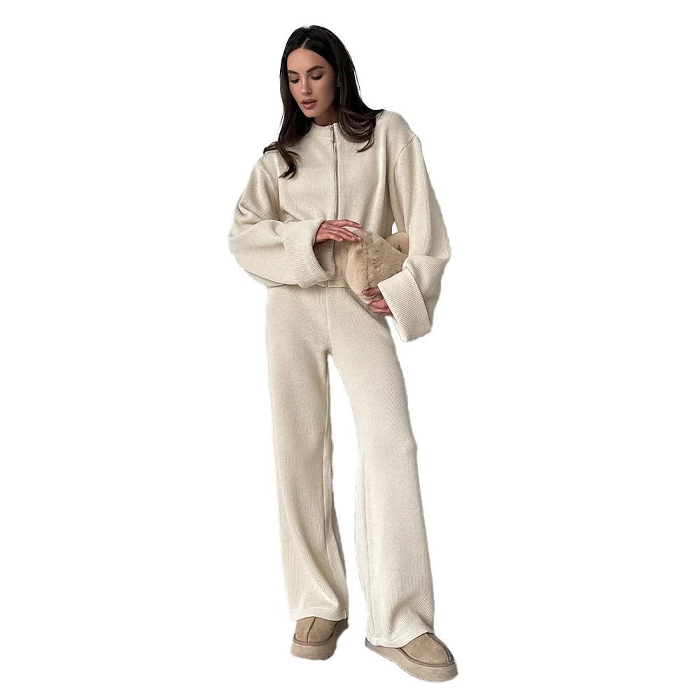 The Effortless Cozy | Solid Color Long-Sleeve Knit Top & Wide-Leg Pants Set - Image 5