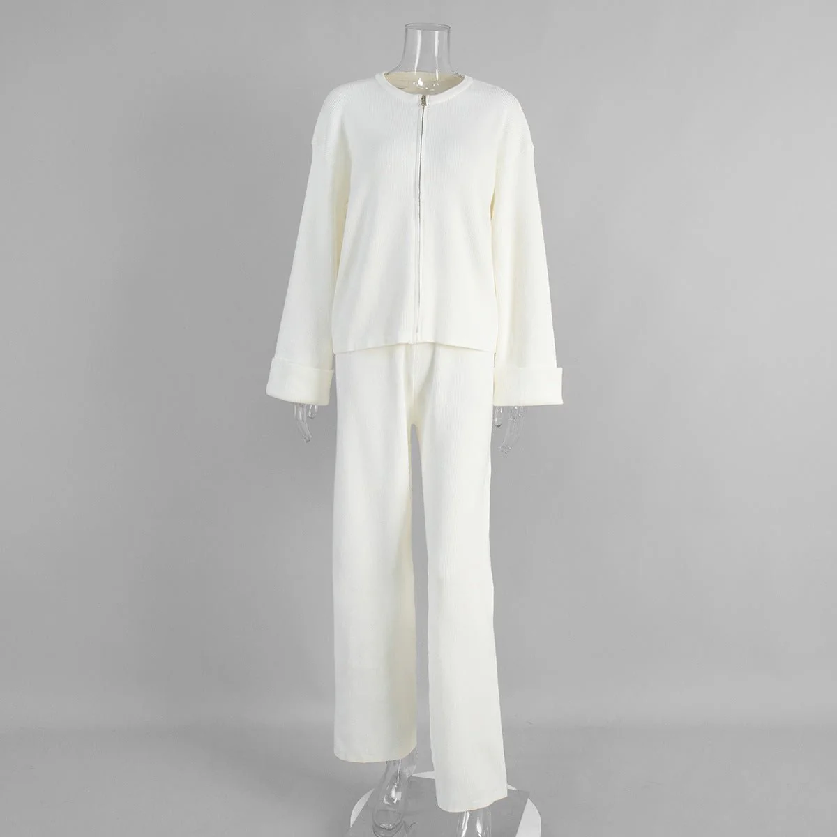 The Effortless Cozy | Solid Color Long-Sleeve Knit Top & Wide-Leg Pants Set - Image 6