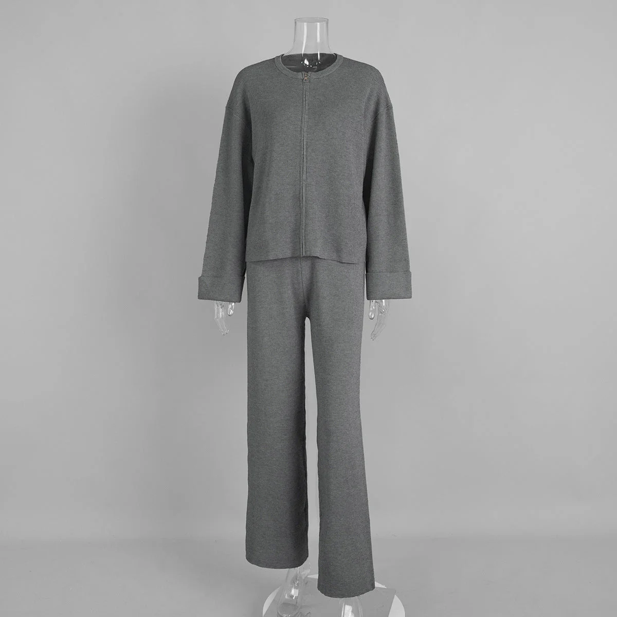 The Effortless Cozy | Solid Color Long-Sleeve Knit Top & Wide-Leg Pants Set - Image 7