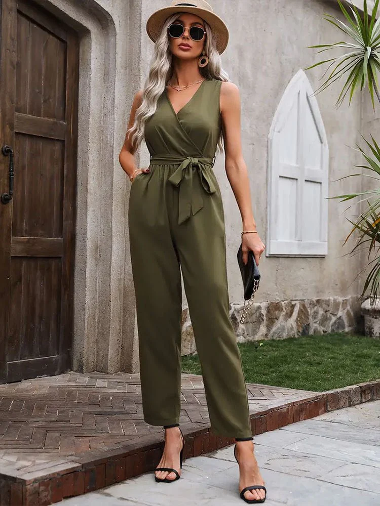 The Effortless Edge | Solid Color Cross-Neck Sleeveless Jumpsuit - Image 3
