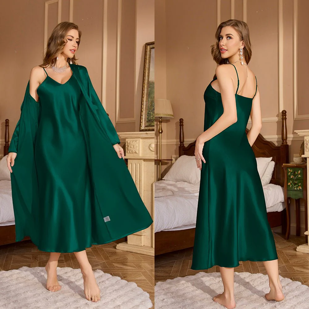 The Effortless Luxe | Women's Ice Silk Suspender Skirt & Long-Sleeve Bathrobe Set - Image 11