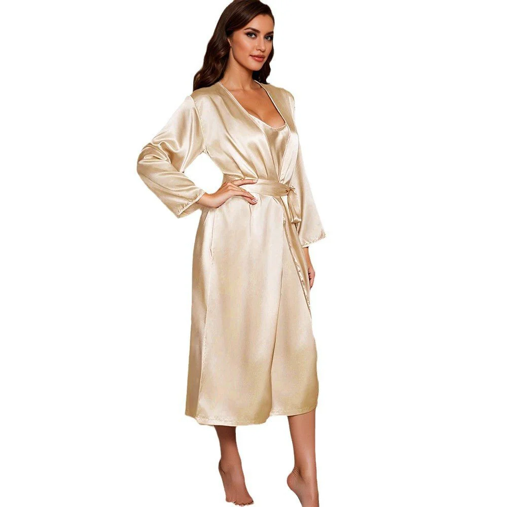 The Effortless Luxe | Women's Ice Silk Suspender Skirt & Long-Sleeve Bathrobe Set - Image 5