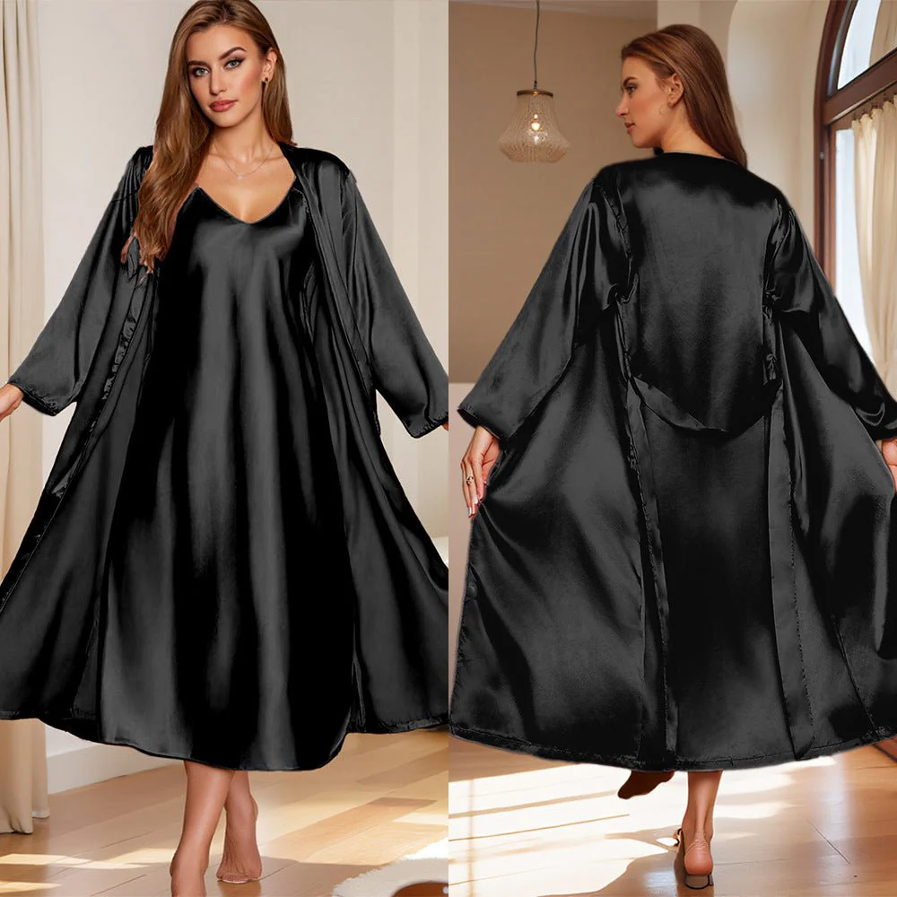 The Effortless Luxe | Women's Ice Silk Suspender Skirt & Long-Sleeve Bathrobe Set - Image 6