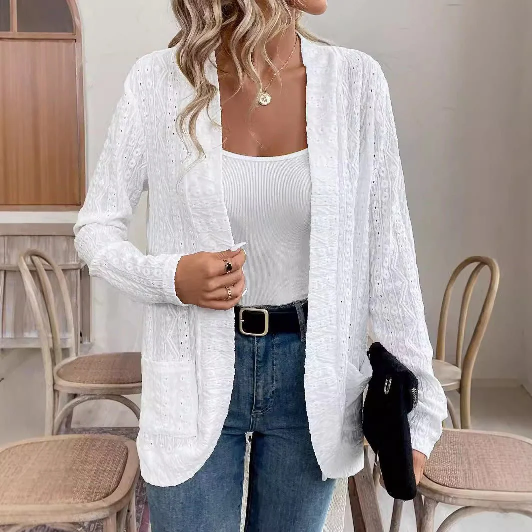 The Elegant Bloom | Women's Lace Double Pocket Open Placket Jacket - Image 3