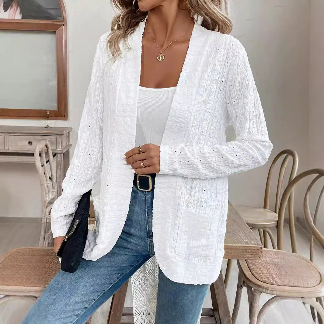 The Elegant Bloom | Women's Lace Double Pocket Open Placket Jacket - Image 4