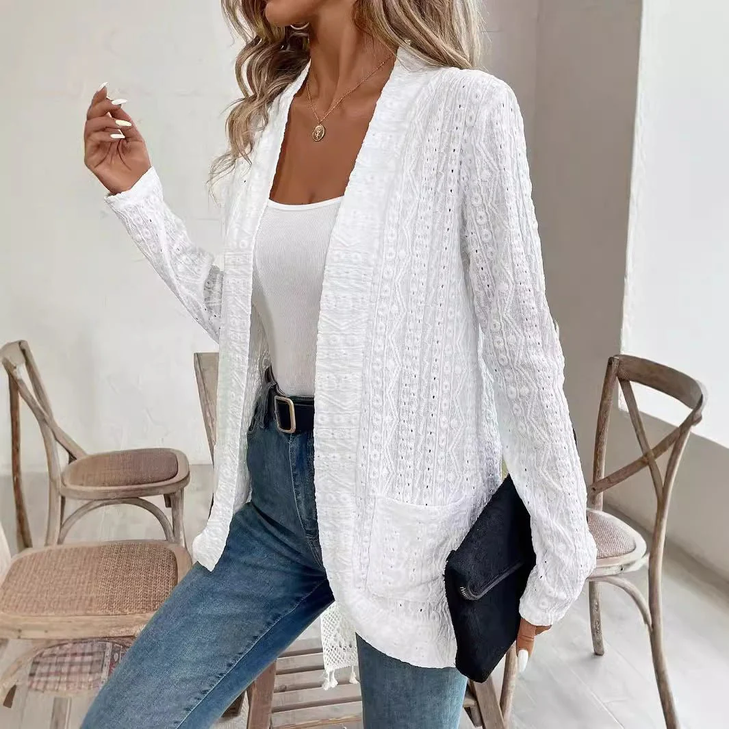 The Elegant Bloom | Women's Lace Double Pocket Open Placket Jacket - Image 5