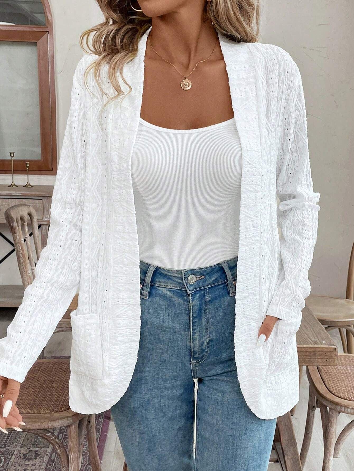 The Elegant Bloom | Women's Lace Double Pocket Open Placket Jacket - Image 6