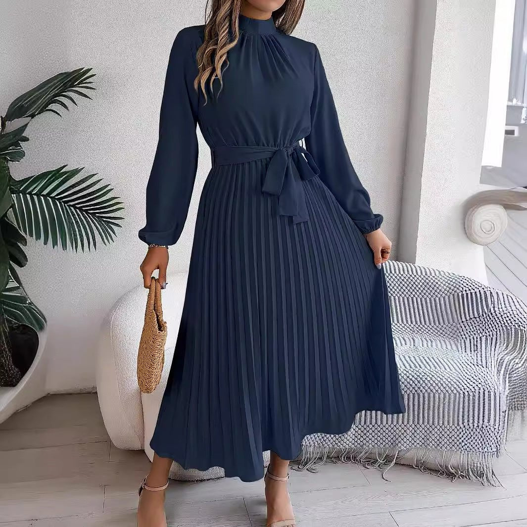 The Elegant Flow | Solid Color Stand Collar Pleated Long Dress - Image 11