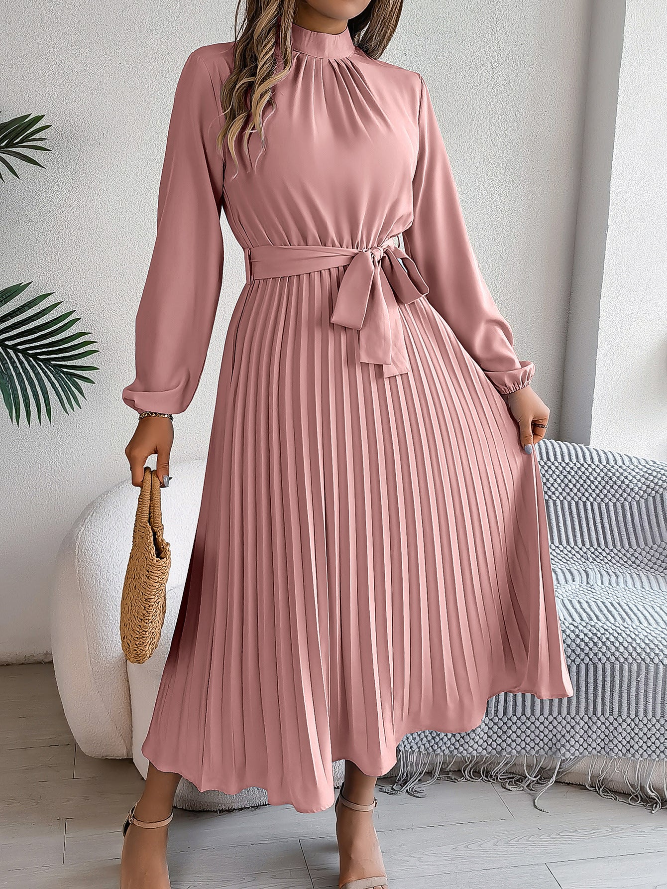 The Elegant Flow | Solid Color Stand Collar Pleated Long Dress - Image 3