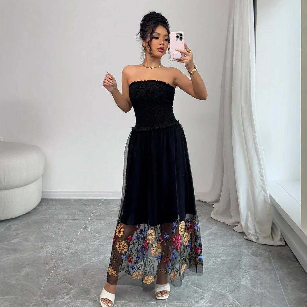 The Embroidered Whisper | Women's Floral Embroidered Strapless Maxi Dress