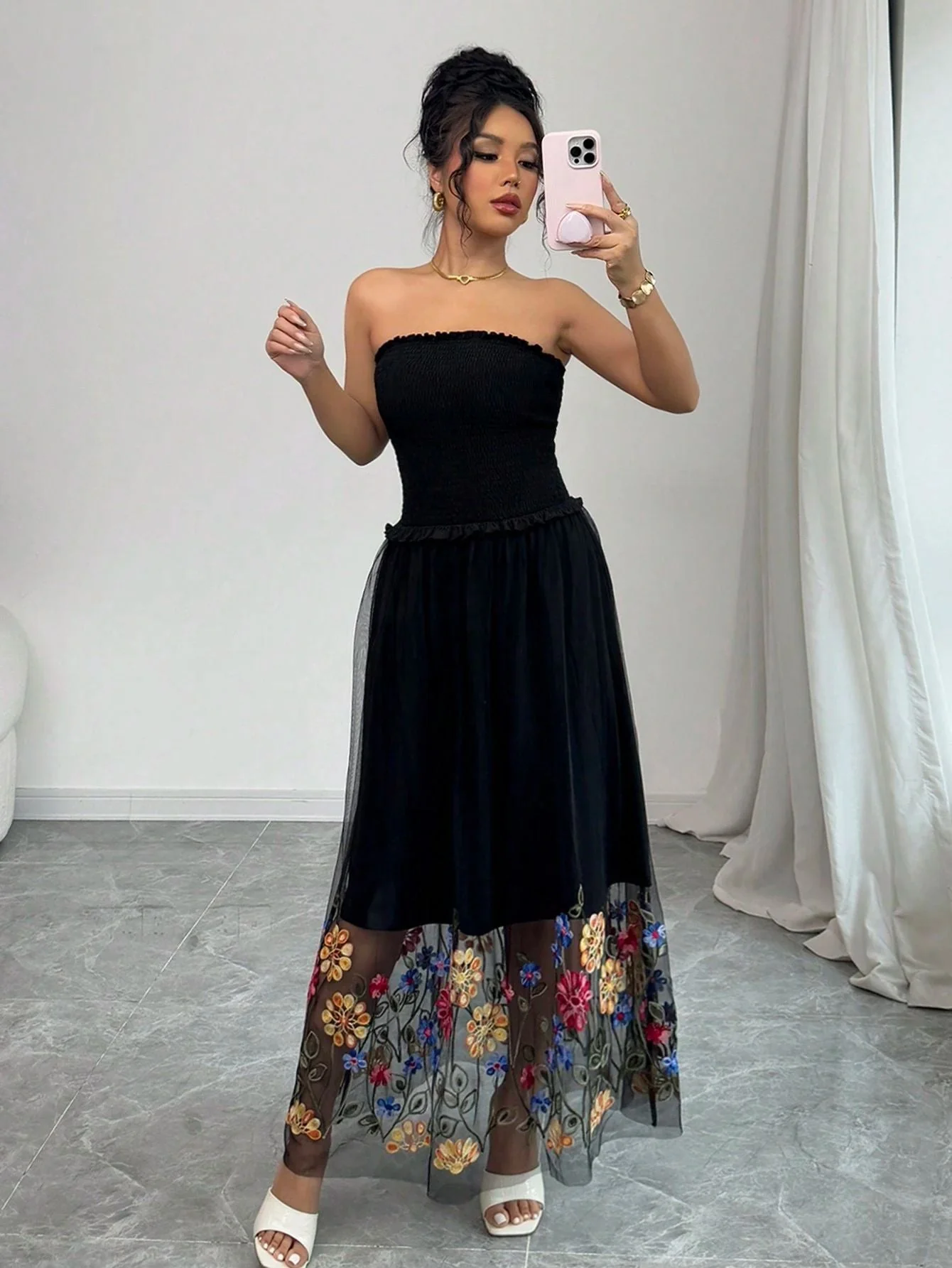The Embroidered Whisper | Women's Floral Embroidered Strapless Maxi Dress - Image 6