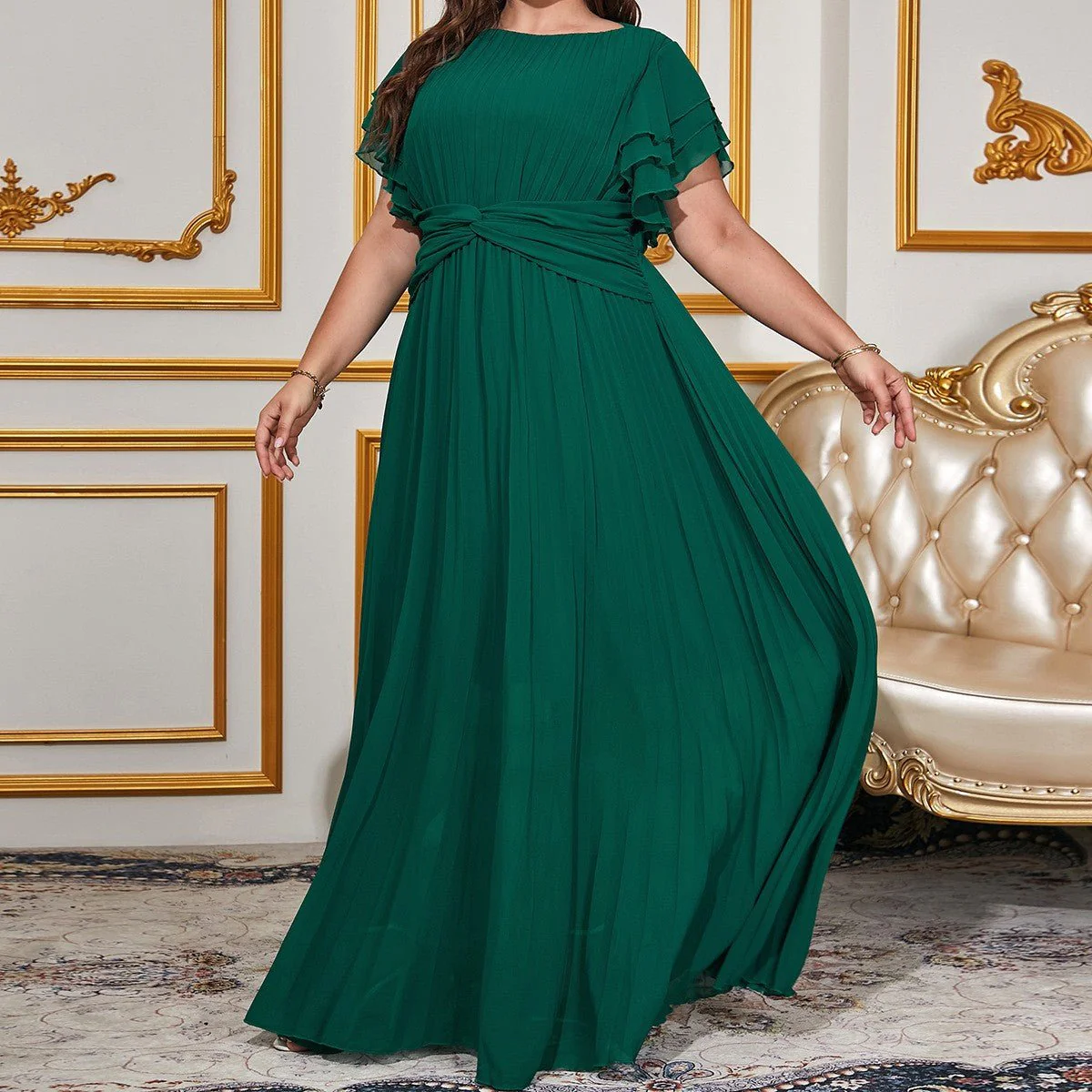 The Emerald Elegance | Women's Plus-Size Chiffon Pleated Long Dress - Image 10