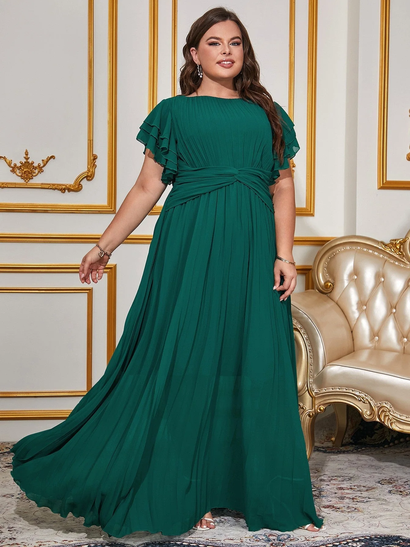 The Emerald Elegance | Women's Plus-Size Chiffon Pleated Long Dress - Image 2
