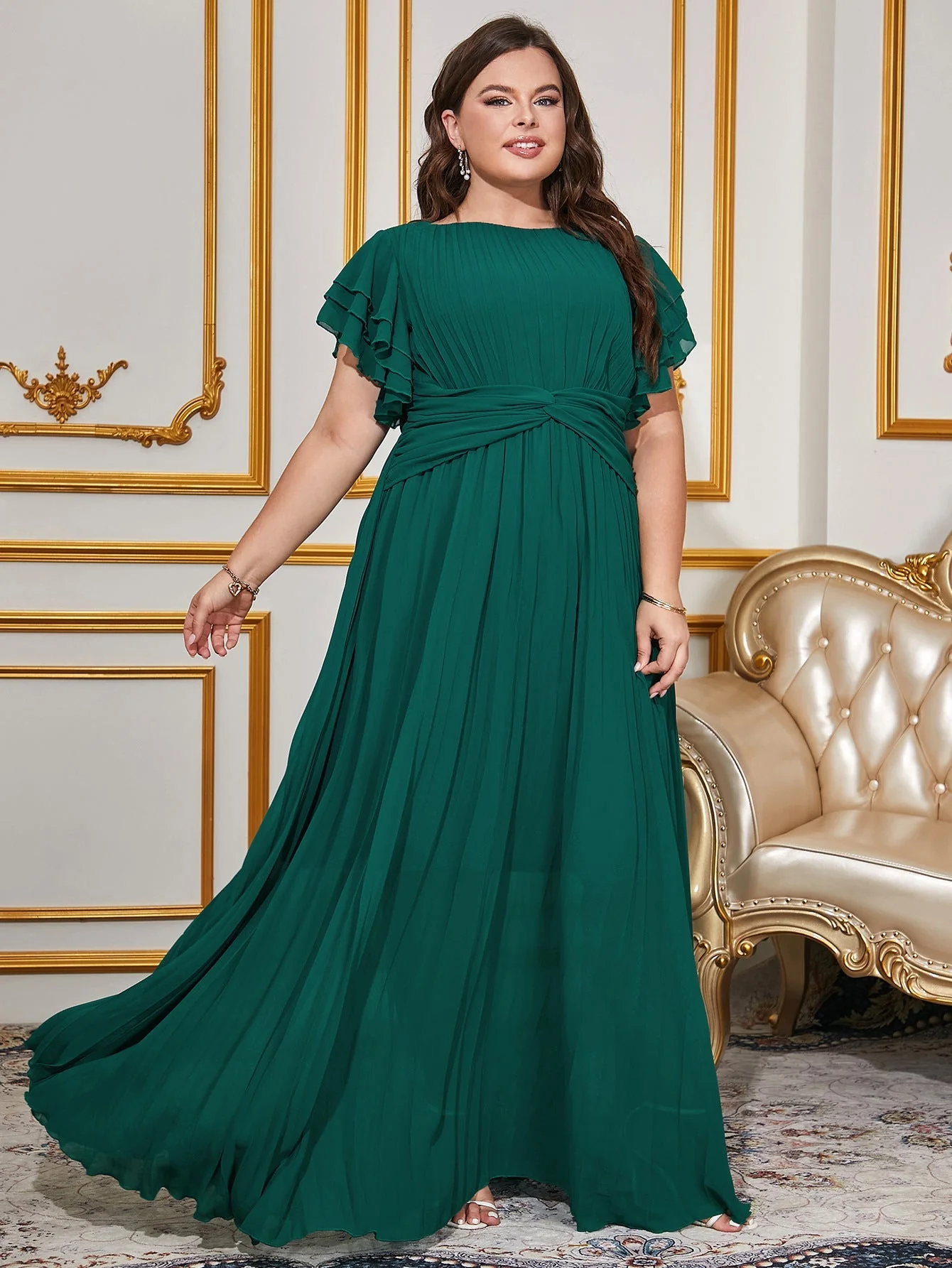 The Emerald Elegance | Women's Plus-Size Chiffon Pleated Long Dress - Image 3