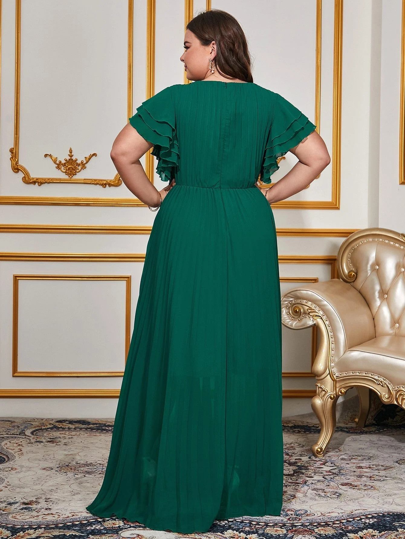 The Emerald Elegance | Women's Plus-Size Chiffon Pleated Long Dress - Image 9