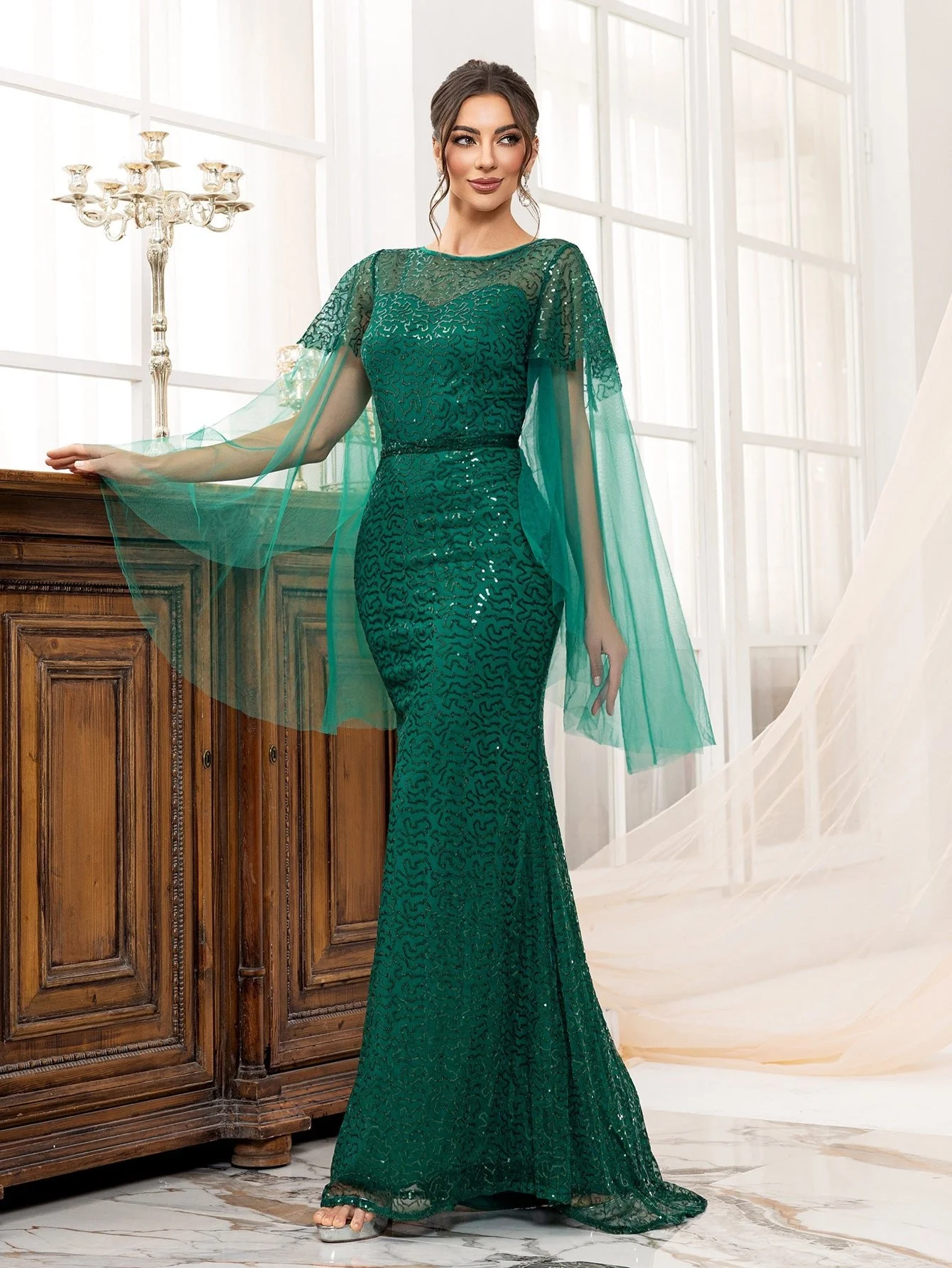 The Emerald Enchantment | Women's Backless Sequined Fishtail Long Evening Dress - Image 11