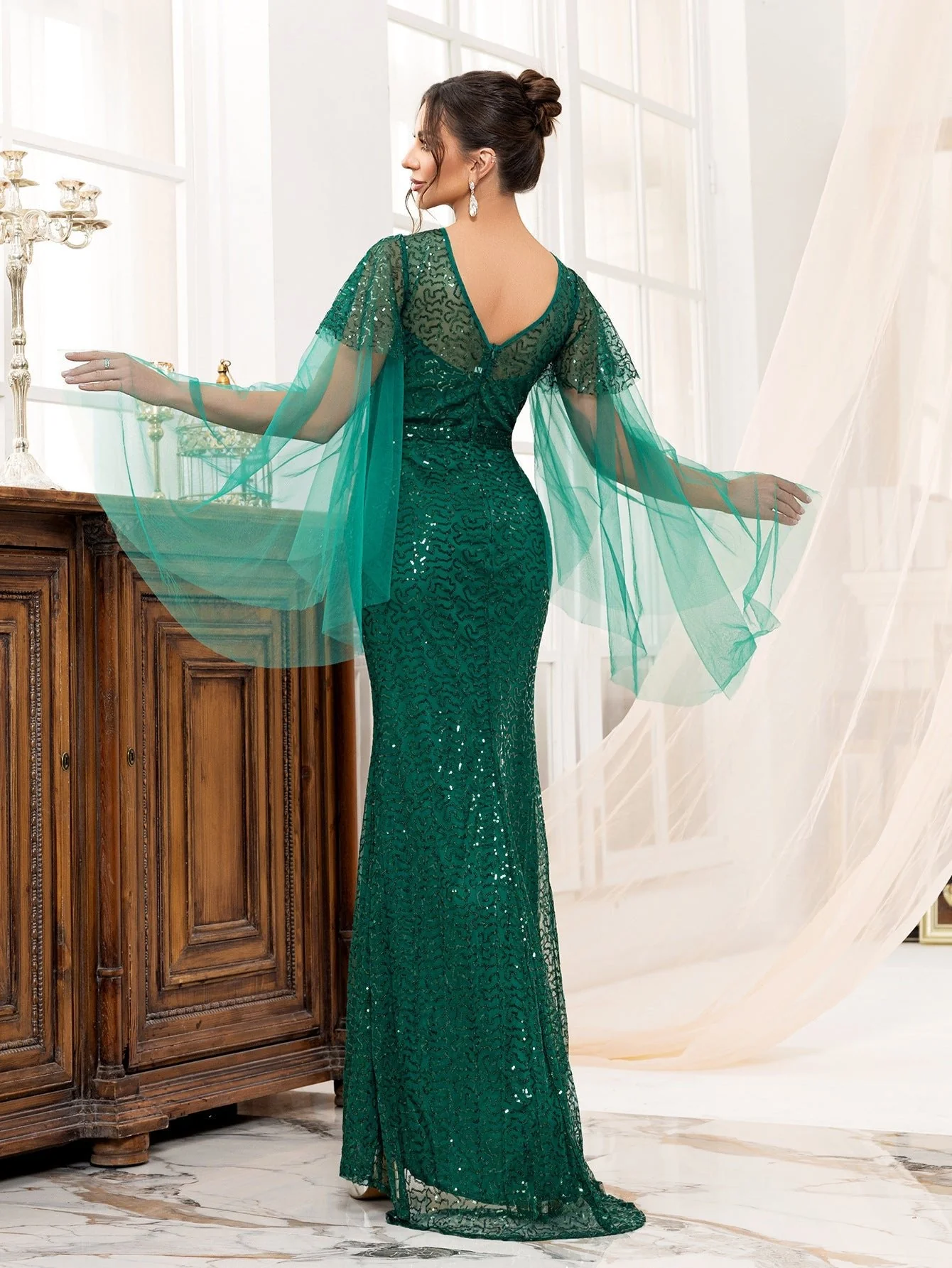 The Emerald Enchantment | Women's Backless Sequined Fishtail Long Evening Dress - Image 8