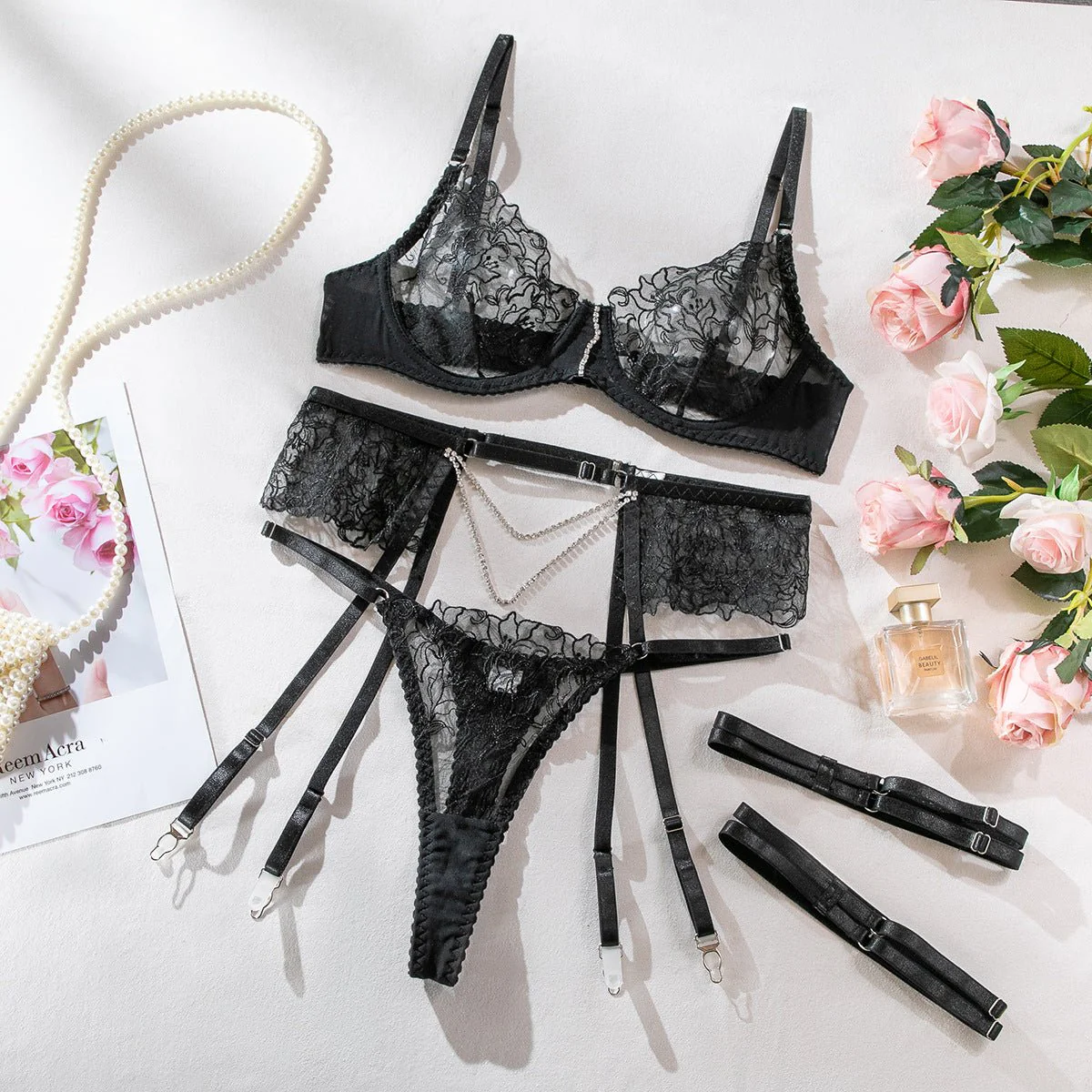 The Enchanted Grace | Embroidered Chain Elegant Three-Piece Lingerie Set - Image 3