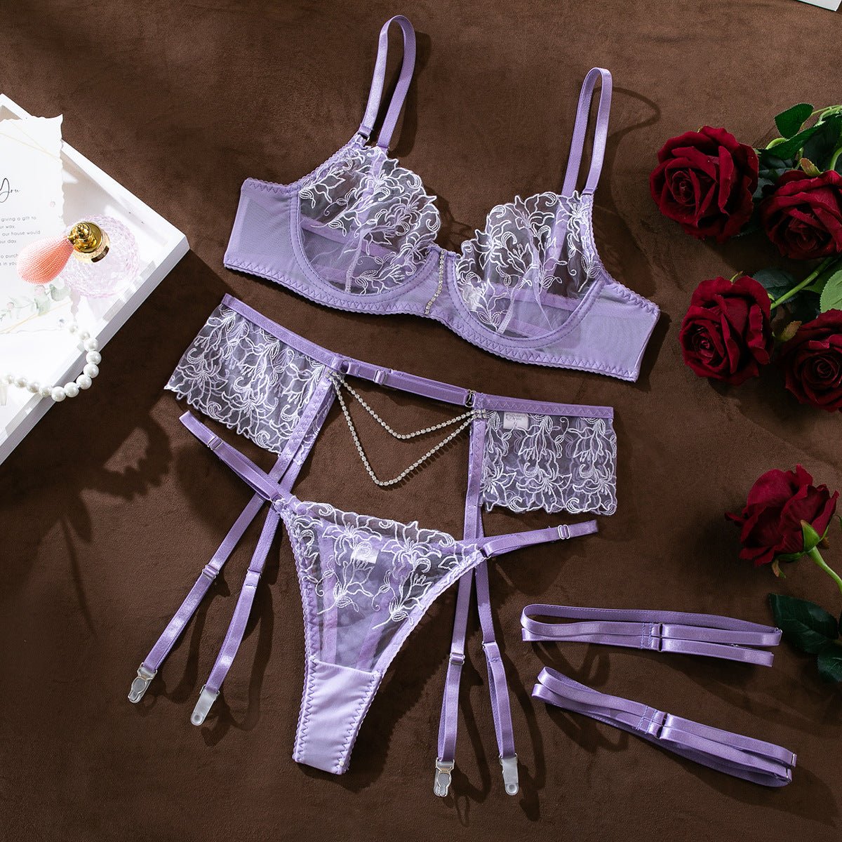 The Enchanted Grace | Embroidered Chain Elegant Three-Piece Lingerie Set - Image 4