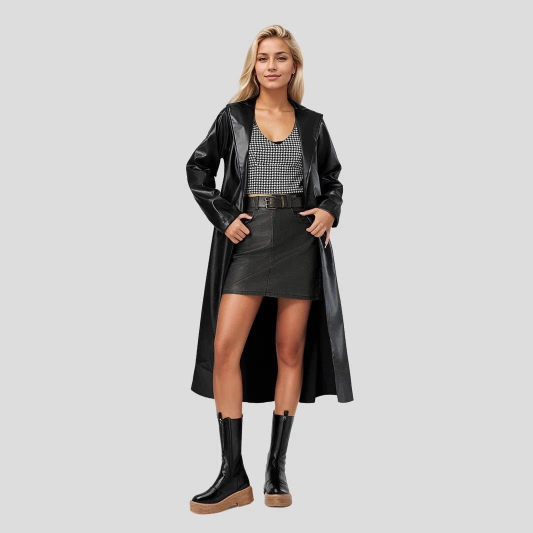 The Eternal Edge | Women's Extended Slim-Fit PU Leather Trench Coat FD - Image 2